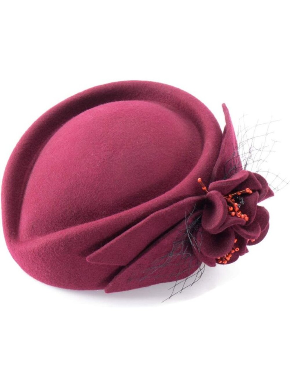 Elegant Wine Red Pillbox Hat with Flower Veil - Women's Formal Fascinator